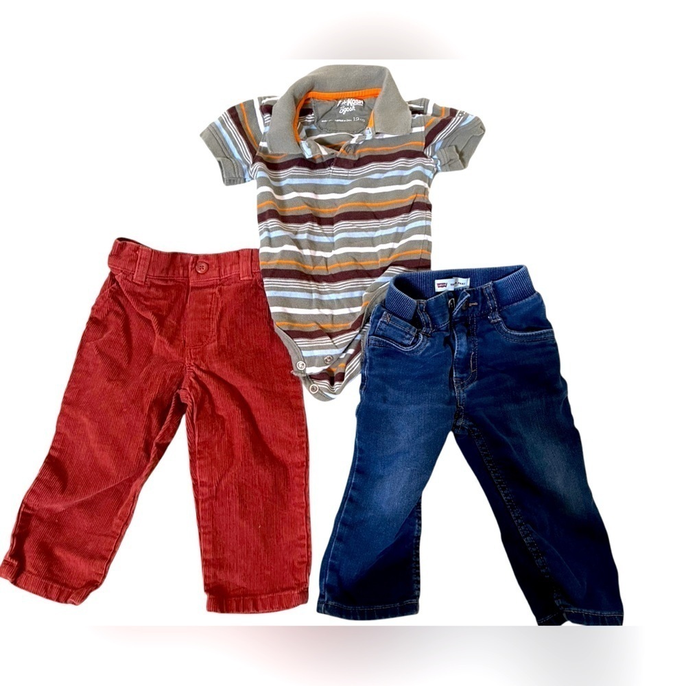 3 item set - Striped Polo Onesie, Reddish brown corduroy pants, Levi’s blue pant